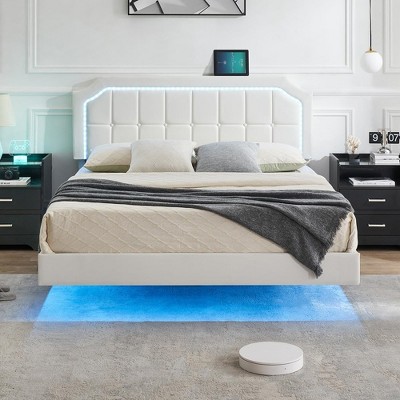 Whizmax Floating Bed Frame Three Size with RGB Led Lights Headboard, Metal Platform Bed with Upholstered Adjustable Headboard, No Box Spring Needed