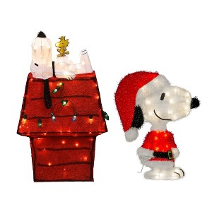 ProductWorks Peanuts 32 Inch Snoopy & Woodstock Doghouse Pre Lit Yard Decoration w/ 18 Inch Pre-Lit LED Snoopy Santa Indoor/Outdoor Holiday Decoration - 1 of 4