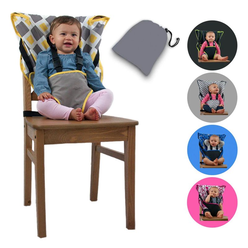 CozyBaby Portable Washable Cloth Travel Easy Seat High Chair w/ 1 Click Setup, Reinforced Harness, and Machine Washable Fabric, Charcoal Yellow, 3 of 7