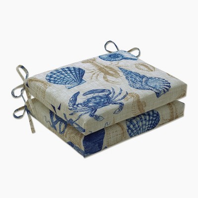 Outdoor Square Edge Seat Cushion - Sealife - Pillow Perfect: UV-Resistant with Ties, Zippered