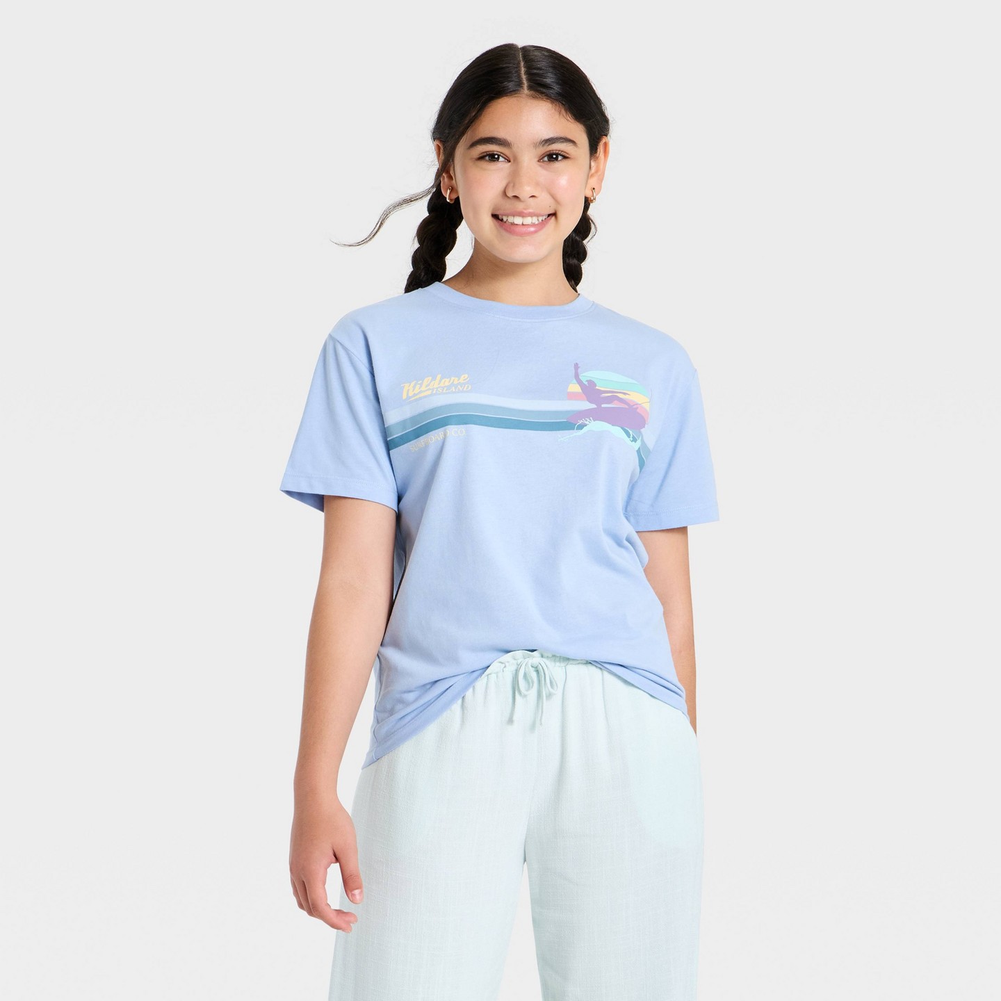 Футболка Outer Banks Short Sleeve Oversized Front and Back Graphic T-Shirt - Light Blue для девочек, цвет: Светлый синий — фото 1
