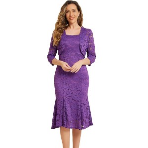 Allegra K Women's Wedding Guest Sleeveless Evening Lace Dress with Open Front Shrug 2 Pcs Outfits Sets - 1 of 4