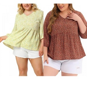 Women's Plus Size 2 Pieces V Neck Babydoll 3/4 Sleeve Pleat Floral Flowy Blouses - Agnes Orinda - 1 of 4