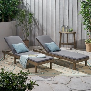 Christopher Knight Home Jessie Outdoor Chaise Lounge with Adjustable Acacia Wood Frame and Water-Resistant Cushions (Set of 2) - 1 of 4