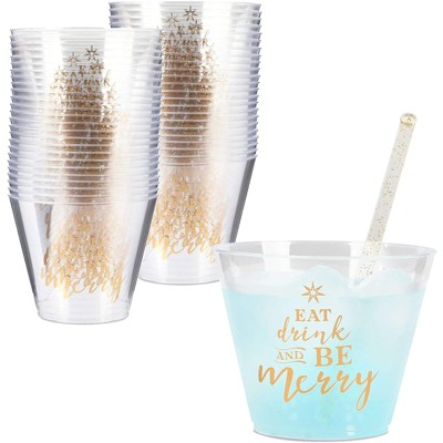Sparkle and Bash 50 Pack Christmas Clear Plastic Cups - Eat, Drink and Be Merry, 9 oz Plastic Cups, Ideal for Xmas Winter Holiday Party