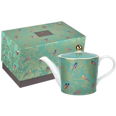 Green Fine China Teapot with Gold Bird Motifs