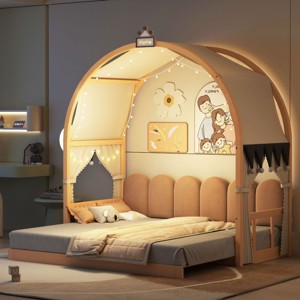 Twin Size Canopy Platform Bed with Arched Roof and Trundle, Extended Bed with Tent and Light Strip, Wooden Bed with Whiteboard-Baofuwish - 1 of 4