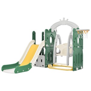 5 in 1 Toddler Slide and Swing Set, Outdoor Toddler Playset with Basketball Hoop, Baby Slide for Toddlers - 1 of 4