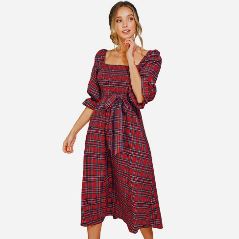 Women's Belted Tartan Plaid Dress - Cupshe-xl-red : Target