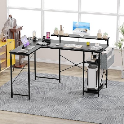 Acekool 54" L-Shaped Gaming Desk with Power Outlets, Adjustable Monitor Stand, LED Lights, and Storage Shelves, Reversible Corner Desk Black