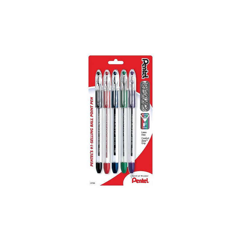 Pentel R.S.V.P. Ballpoint Pens Fine Point Assorted Ink 5 Pack (BK90BP5M) 474028, 1 of 2