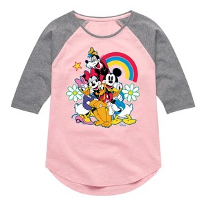 Girls' - Disney - Character Group Rainbow Flower Shirt Tail Raglan Graphic T-shirt - 1 of 4