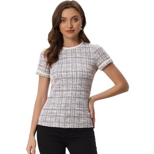 Allegra K Women's Round Neck Pearl Trim Short Sleeve Tweed Blouse - 1 of 4