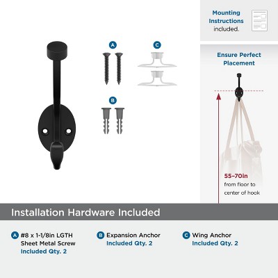 Matte Black Double Prong Decorative Metal Wall Hook