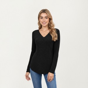 Anna-Kaci Women's Long Sleeve V-Neck Knit Top with Curved Hem and Relaxed Fit - 1 of 4