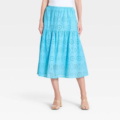 Women's Tiered Eyelet Midi Skirt - A New Day™ Blue XS