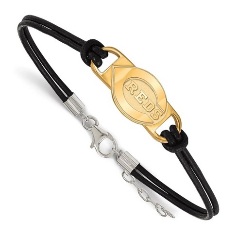 Black Bow Jewelry 14K Yellow Gold Plated S.S. MLB Cincinnati Reds Leather Bracelet, 7 In - image 1 of 3