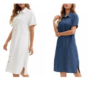 INSPIRE CHIC Women's Midi Denim Summer Short Sleeve Button Down Casual Long Tunic Jean Shirt Dress 2 Packs - 1 of 4