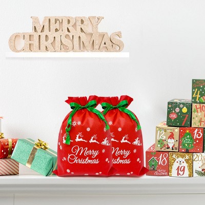 Festive Red and Green Non-Woven Christmas Drawstring Gift Bags Set