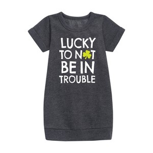 - Instant Message - St. Patrick's Day Lucky to Not Be In Trouble Graphic Short Sleeve Fleece Dress - 1 of 3
