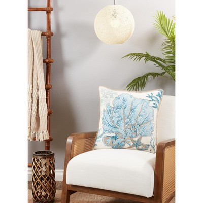 Aqua and Beige Cotton Sea Fan Pillow Cover, 20"
