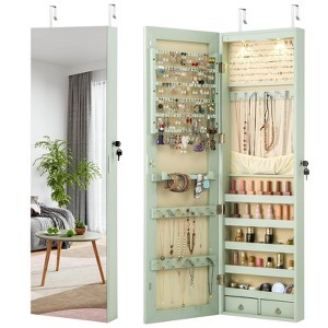 Costway Mirrored Wall & Door Mounted Jewelry Cabinet Storage Organizer with Lights&Drawer Pink/Black/Brown/Rustic Brown/White/Green - 1 of 4