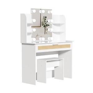 Vanity Desk Set Stool & Dressing Table with LED Lighting Mirror Drawer and Compartments Modern Wood Cosmetic Table Chest of Drawers - 1 of 4