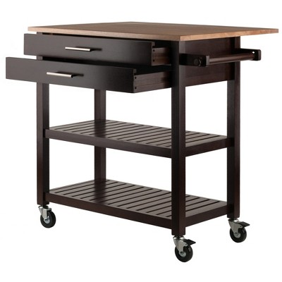 Brown Wood Drop Leaf Kitchen Cart with Storage