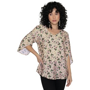 LA LEELA Women's Floral Print Peasant Blouse With V Neck And Short Puff Sleeves - 1 of 4