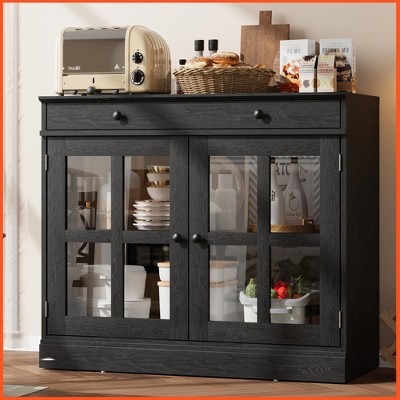 Homhougo 35.4" Sideboard Buffet Cabinets with Storage, Kitchen Coffee Bar Cabinet with Glass Door, Modern Sideboard Buffet with Drawer Black