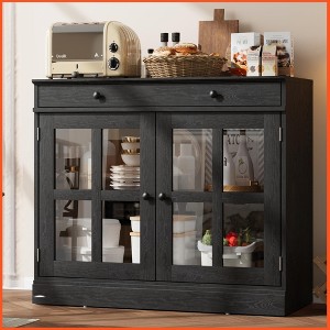 Homhougo 35.4" Sideboard Buffet Cabinets with Storage, Kitchen Coffee Bar Cabinet with Glass Door, Modern Sideboard Buffet with Drawer Black - 1 of 4