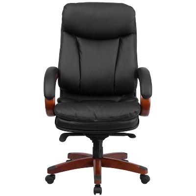 High Back Black Leather Executive Swivel Office Chair with Mahogany Wood Base
