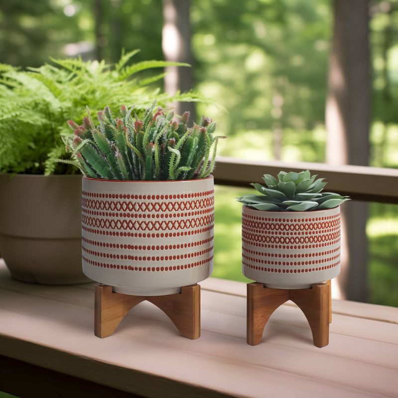 Sagebrook Home 8&#34; Wide 2pc Aztec Ceramic Planters On Wooden Stand, 6 of 7
