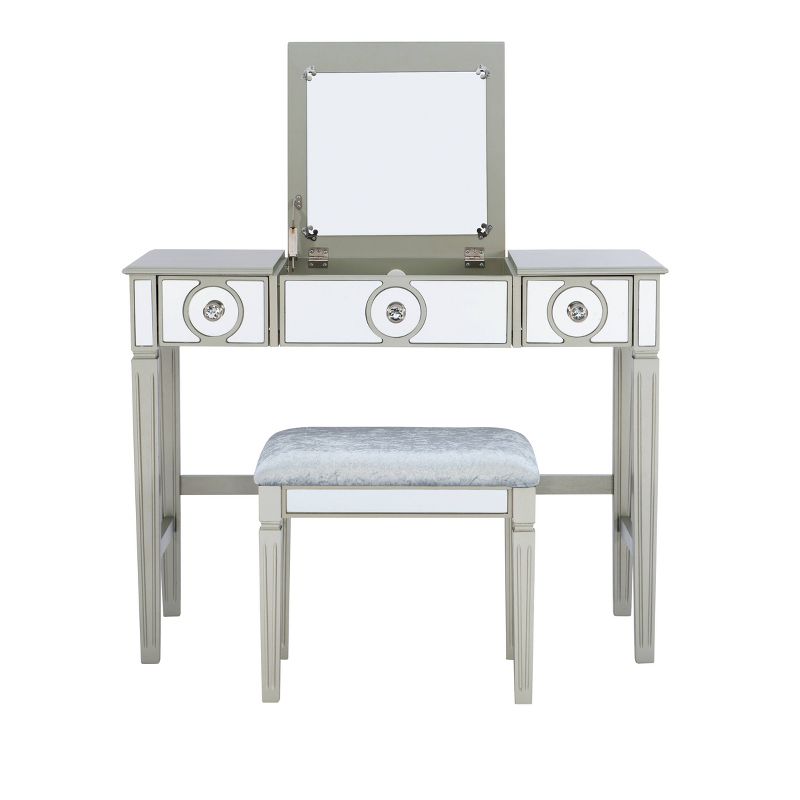 Madison Glam Flip-up Mirror 2 Drawer Vanity and Light Gray Upholstered Stool Mirror and Silver - Linon, 4 of 21