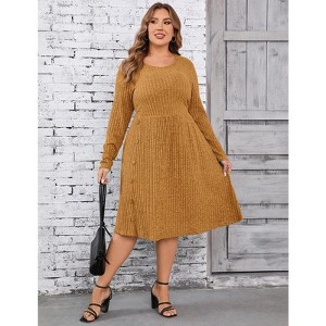 Coolmee Women Casual Round Neck Long Sleeve Loose Side Button Wide Hem Knit Textured Sweater Midi Dress - 1 of 4