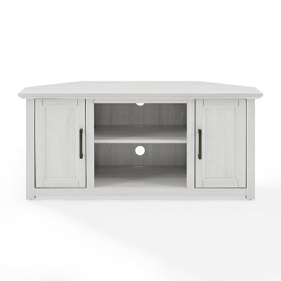 Whitewash Corner TV Stand with Cabinets and Open Storage