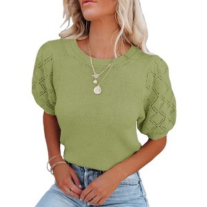 Womens Short Sleeve Lightweight Sweaters Crewneck Knit Pullover Tops with Crochet Sleeve Casual Crochet Blouse Shirt for Spring, Summer - 1 of 4