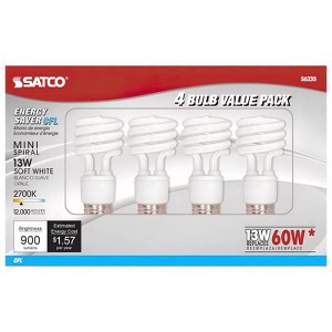 Satco 13 W T2 1.81 in. D X 4.13 in. L CFL Bulb Soft White Compact 2700 K 4 pk - 1 of 1
