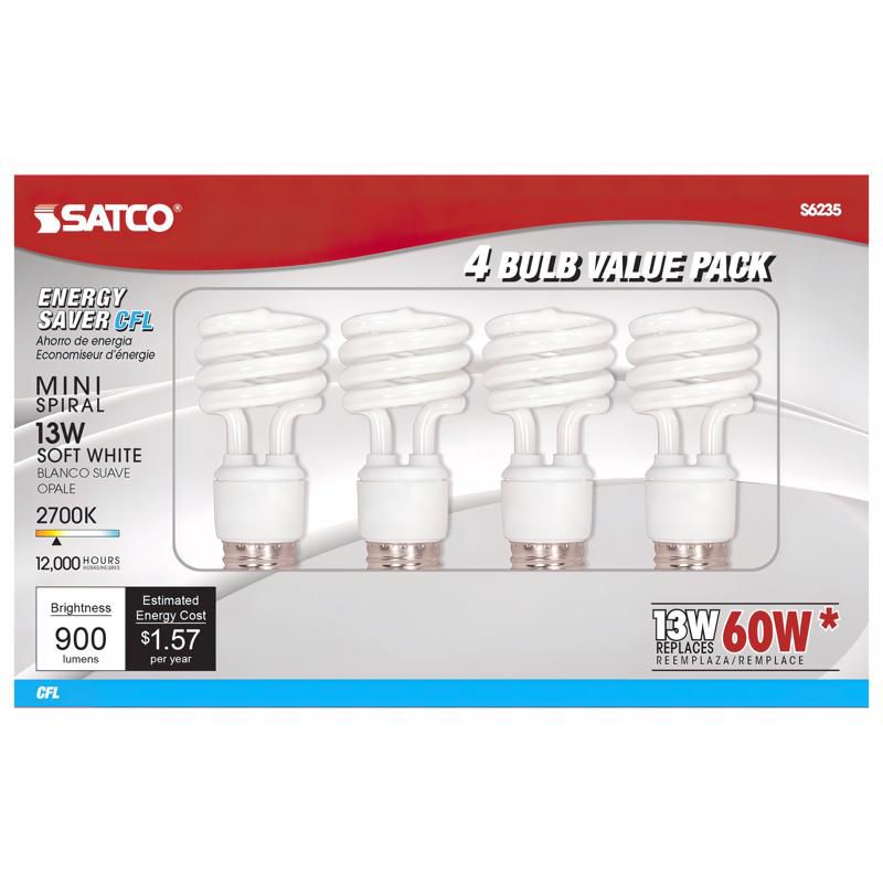 Satco 13 W T2 1.81 in. D X 4.13 in. L CFL Bulb Soft White Compact 2700 K 4 pk, 1 of 2