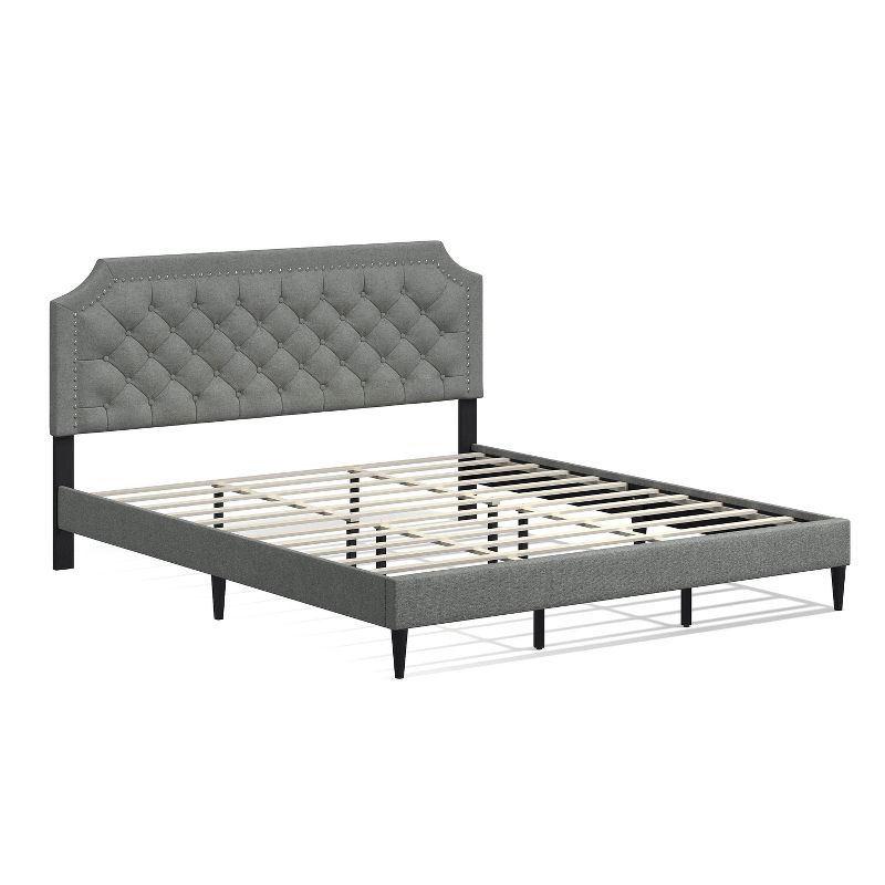 Glenwillow Home Curta Upholstered Platform Bed, Clipped Nailhead Trim with Button Tufting, Mattress Foundation, No Box Spring, Stone, California King, 2 of 8