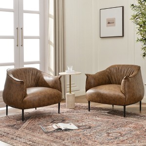 KINWELL 33" Wide Faux Vegan Leather Upholstery Barrel Chair with Metal Legs, Set of 2 - 1 of 4