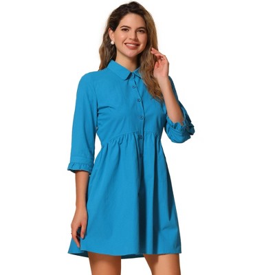 INSPIRE CHIC Women's 3/4 Sleeve Button Front Solid Color Flare Mini Shirt Dress