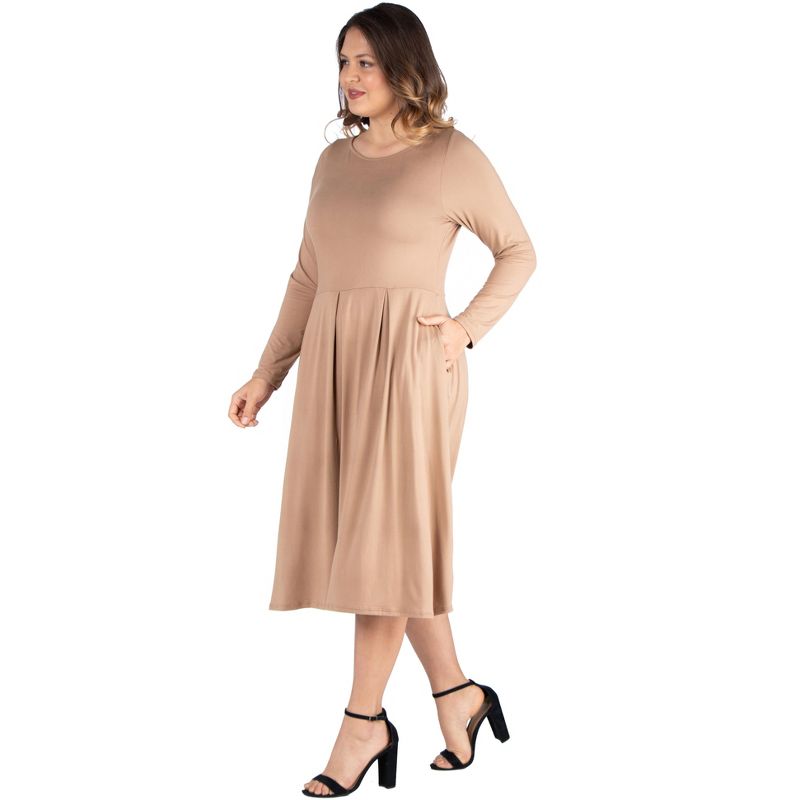 24seven Comfort Apparel Long Sleeve Fit and Flare Plus Size Midi Dress, 3 of 6