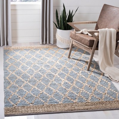 Handmade Light Blue and Beige Jute Geometric Area Rug, 5' x 8'