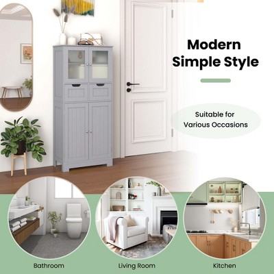 Gray MDF Floor Cabinet with Glass Doors and Adjustable Shelves