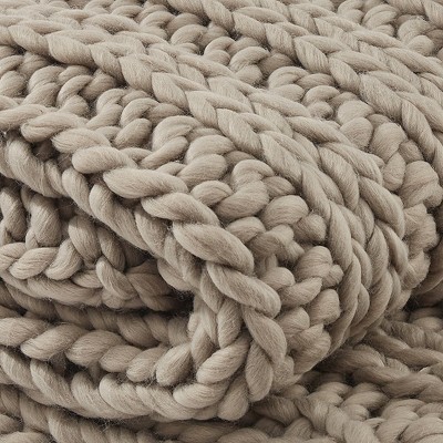 Beige Chunky Ribbed Knit Cotton Throw Blanket