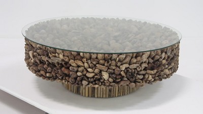 Handcrafted Driftwood Round Coffee Table with Glass Top, 48" Brown