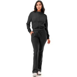 Slickblue Women's Thermal Crop Jacket and Flare Pants Set, Side Pockets, Two-Tone Black, Size S-L - 1 of 4