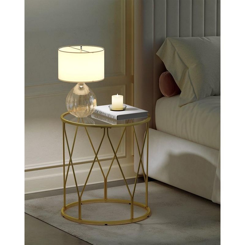Side Table, Round End Table with Tempered Glass Top, Accent Table with Steel Frame, Modern Glam Style, Greenish Gold, 5 of 12