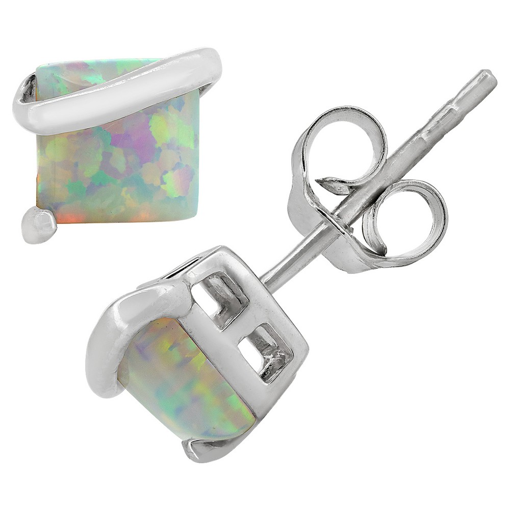 Photos - Earrings Princess-Cut Opal Stud  in Sterling Silver Multicolor